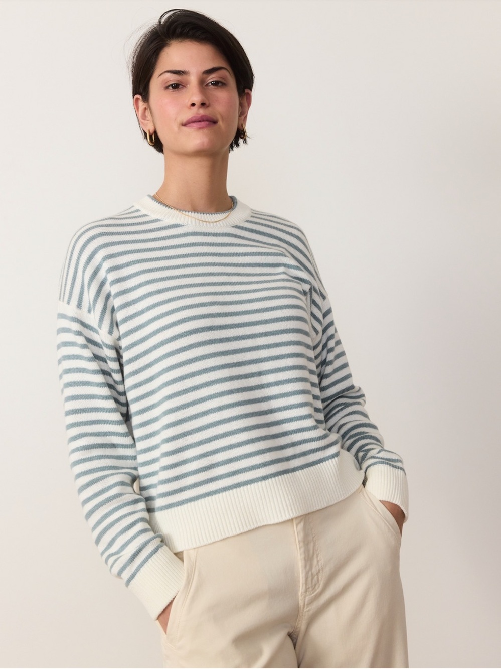 Marine Layer Women’s Suki Crewneck Cotton Sweater in Topaz Stripe Size Large